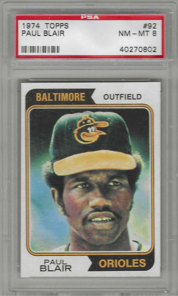 1974 Topps Baseball Card Paul Blair #92 PSA 8 Baltimore Orioles