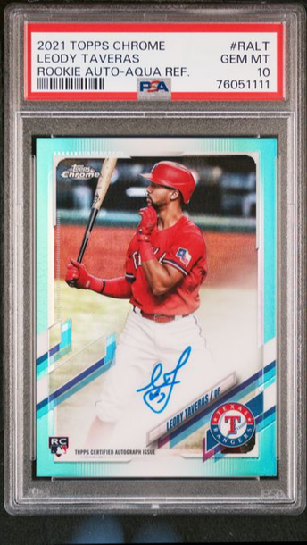 Leody Taveras 2021 Topps Chrome Aqua Refractor Auto /199 Rookie RC PSA 10