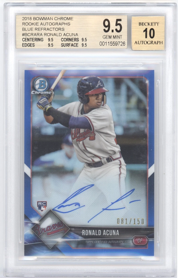 2018 Bowman Chrome Ronald Acuna Jr Blue Refractor Auto RC /150 BGS 9.5 True Gem