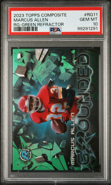 Marcus Allen 2023 Topps Resurgence Grounded #RG-11 Green Refractor 43/99 PSA 10