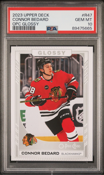 2023 UPPER DECK CONNOR BEDARD #R47 OPC GLOSSY ROOKIE RC PSA 10 BLACKHAWKS