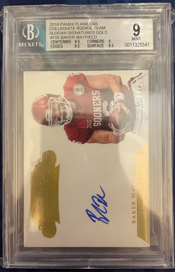 2018 Panini Flawless Collegiate Rookie Team Slogan Signatures GOLD #/10 RC Auto 2018 Baker Mayfield BGS 9 MT 10 Auto