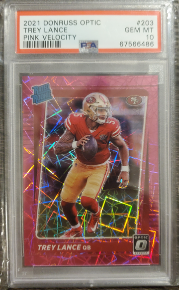 2021 Donruss Optic Trey Lance Pink Velocity /79 Rated Rookie PSA 10 Gem Mint RC 49ers #203