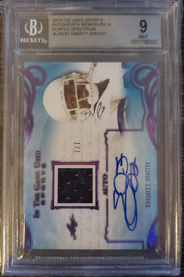 2019 ITG Used Sports Emmitt Smith Auto Relic Purple Spectrum /7 BGS 9 Cowboys HOF
