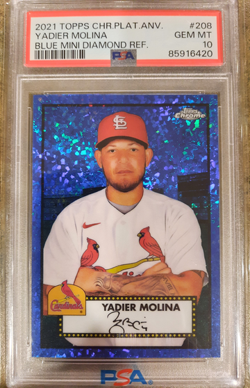 2021 Topps Chrome Platinum Yadier Molina Blue Mini Diamond /199 SP PSA 10 Gem Mint