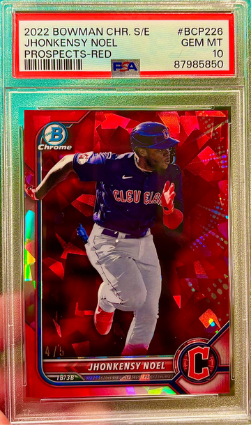 Jhonkensy Noel Rookie! RED! Numbered to 5! 2022 Bowman Chrome Sapphire Edition Prospects! PSA Gem Mint 10!