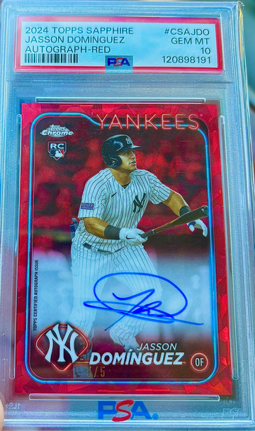 Jasson Dominguez Rookie Auto! RED Refractor! Numbered to 5! PSA Gem Mint 10! 2024 Topps Sapphire!