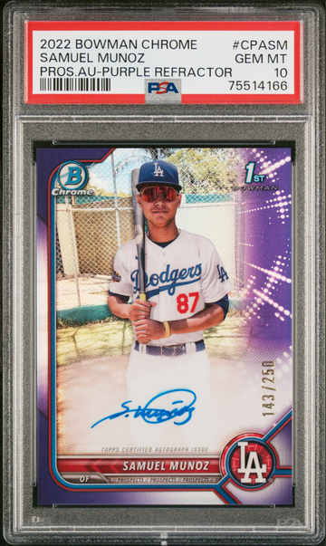 2022 Bowman Chrome SAMUEL MUNOZ Purple Refractor 1st Rookie AUTO /250 PSA 10 Gem Mint