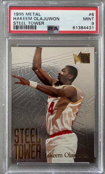 1995 Fleer Metal Hakeem Olajuwon Steel Tower PSA 9