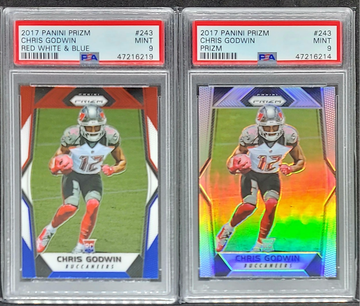 (2) 2017 PRIZM CHRIS GODWIN SP RC RWB #243 PSA 9 MINT SILVER PRIZM SP RC ROOKIE