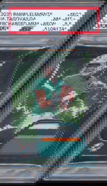 2020 Panini Elements Tua Tagovailoa RC Supercharged Memorabilia Neon /10 psa 8.5