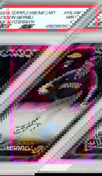 2024 TOPPS CHROME UPD ROOKIE AUTO JACKSON MERRILL MAG PRP LAVA LAMP OF 299 PSA 9
