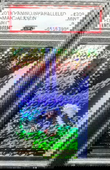 Lamar Jackson 2018 Panini Unparalleled Flight RC Rookie # 209 Graded PSA 9 Mint POP 16