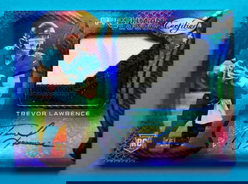 2021 Certified Mirror Blue 23/25 Trevor Lawrence RC Auto./Relic NFL Card.