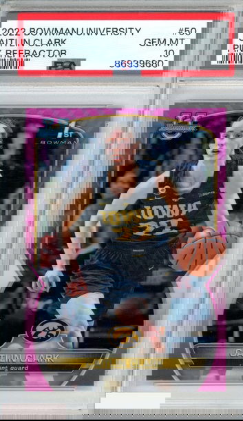 2022 BOWMAN CHROME UNIVERSITY CAITLIN CLARK #50 PINK REFRACTOR 1ST RC PSA 10