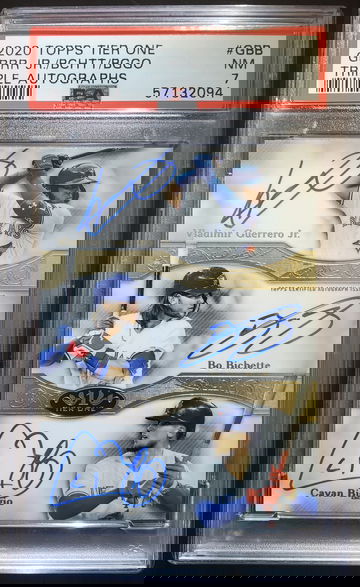 2020 Topps Tier One Vladimir Guerrero Jr, Bo Bichette, Cavan Biggio #GRRR Triple Auto #1/5
