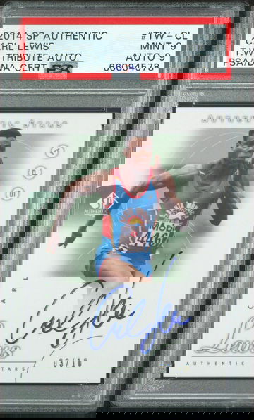 2014 Upper Deck SP Authentic Stars Tiger Woods Tribute Carl Lewis On Card Auto /10 PSA 9