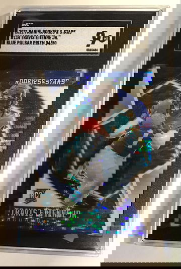 2021 Panini Rookies & Stars #114 Travis Etienne Jr. Blue Pulsar Prizm 04/50 SGC 9 MT