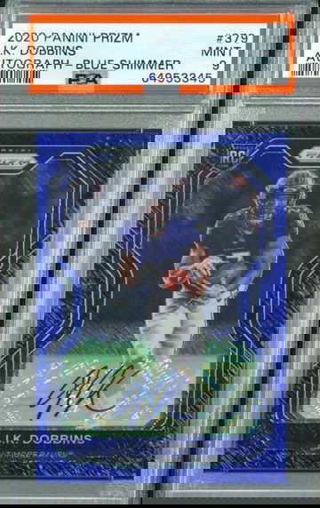 2020 Panini Prizm JK Dobbins Blue Shimmer FOTL RC Auto /25 Ravens SP PSA 9 Mint