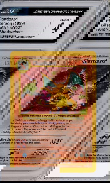 1999 POKEMON BAS SET CHARIZARD #4 HOLO SHADOWLESS CGC 4