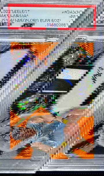 2022 PANINI SELECT RPA #RJAJLR JAKE LARAVIA NEON ORANGE PULSAR FOTL PSA 7