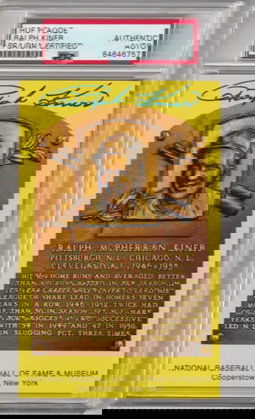 Ralph Kiner Autographed Yellow Hall of Fame Plaque Postcard PSA Authentic Auto