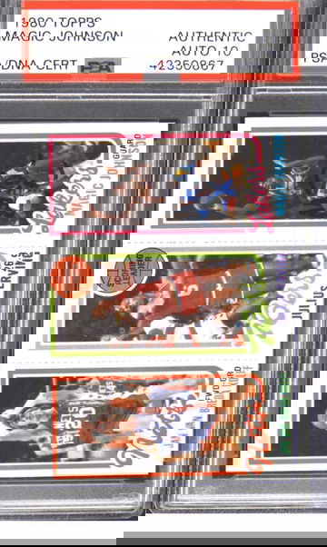 1980 Topps Magic Johnson Autographed Scoring Leader Kolff/Erving/Johnson PSA/DNA Auto 10