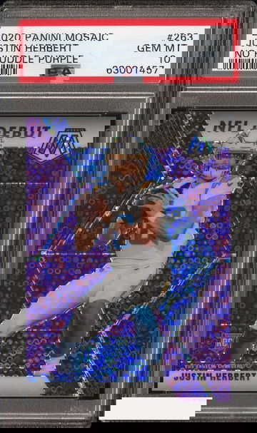 2020 PANINI MOSAIC JUSTIN HERBERT #263 NO HUDDLE PURPLE 22 OF 50 ROOKIE PSA 10