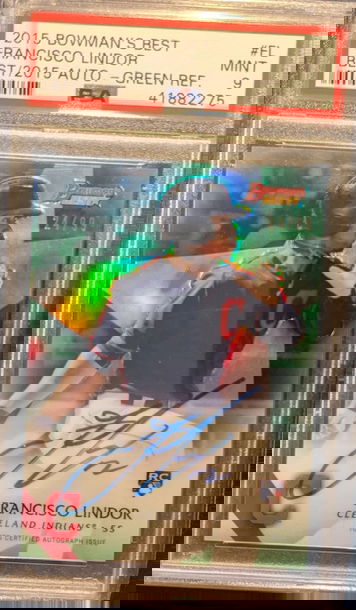 2015 Bowman's Best Francisco Lindor Best of 2015 Rookie Autograph Green Refractor /99 PSA 9