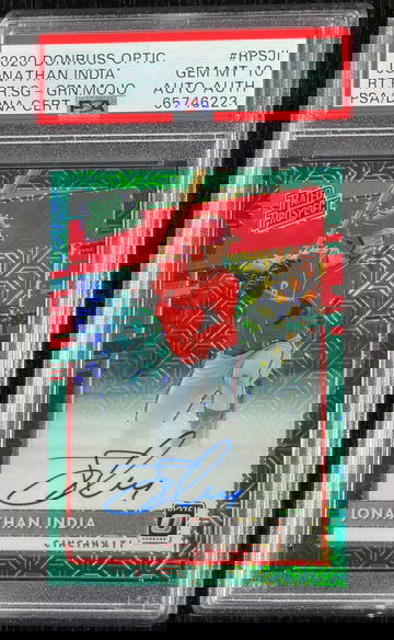  Jonathan India 2020 Donruss Optic Rated Prospect Signature Green Mojo #93/99 #RPS-JI PSA Gem Mint 10/PSA DNA Auto 