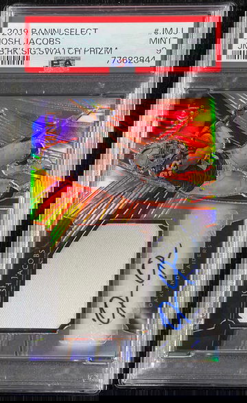 Josh Jacobs 2019 Panini Select Jumbo Rookie Signature Swatch Prizm Rookie Card #8/35 PSA Mint 9