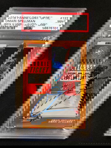 2018 Contenders Optic - Omari Spellman - Rookie Auto Orange Prizm SSP /25 PSA 9