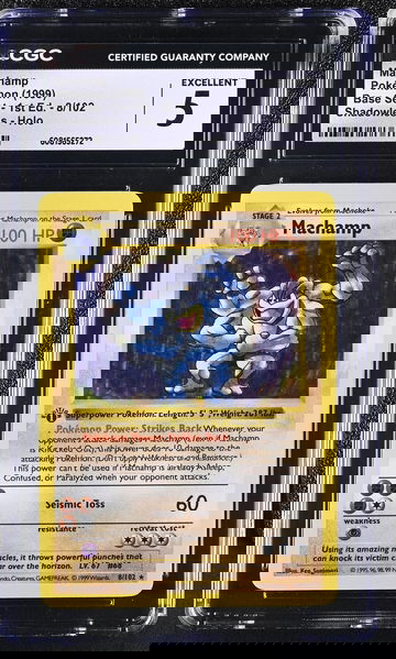 1999 Pokémon Base Set Machamp #8/102 1st Edition Shadowless Holo CGC 5