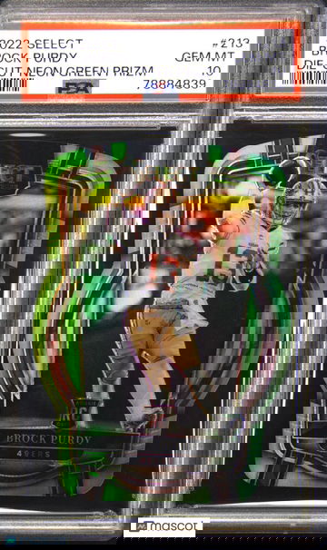 2022 Select #213 Brock Purdy Die-Cut Neon Green Prizm 139/299 PSA 10 Gem Mint