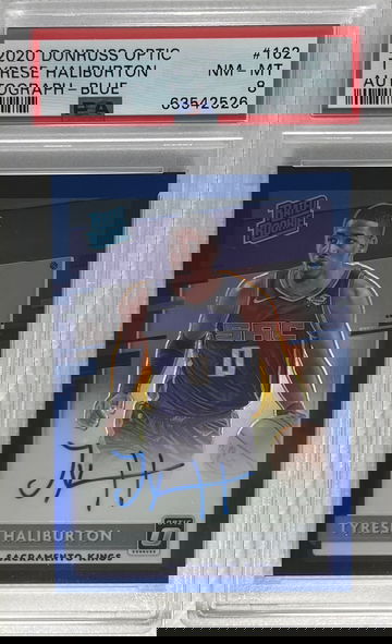 2020-21 Panini Donruss Optic Tyrese Haliburton Rated Rookie Auto #162 Blue Prizm /49 PSA 8 Near Mint