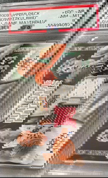 Larry Bird Dirk Nowitzki 2009 Upper Deck Dual Game Materials jersey PSA 8 NM-MT low pop