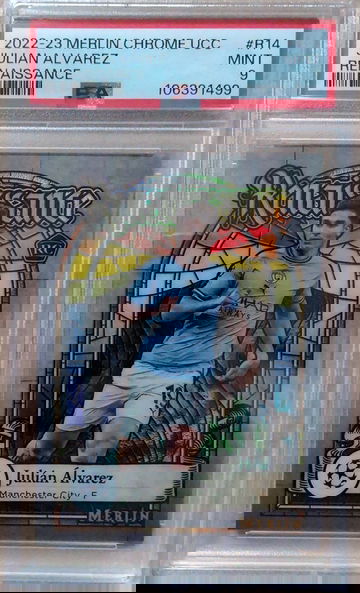 2022-23 Topps Merlin Chrome UCC Julian Alvarez Renaissance RC #R14 PSA 9 Case Hit SSP