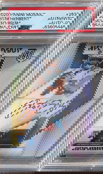 2020 Panini Mosaic Justin Herbert Silver Prizm NFL Debut Auto PSA DNA 10 #263