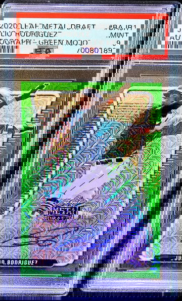 #2/3 🔥 2020 JULIO RODRIGUEZ Leaf Metal Draft GREEN MOJO AUTO PSA 9 Mariners RC