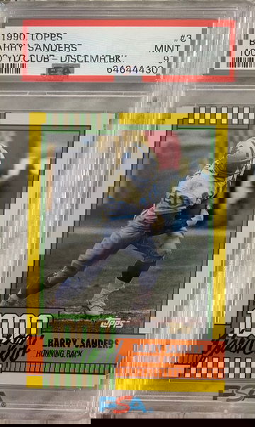 1990 TOPPS BARRY SANDERS 1000 YARD CLUB CARD #3 PSA 9 DISCLAMIER BACK New Case