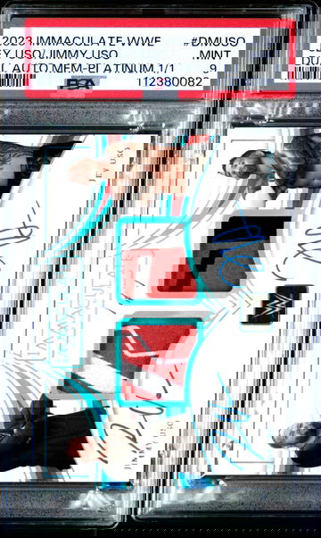 2023 Immaculate #DM-USO Jey Uso/Jimmy Uso Dual Auto Mem-Platinum 1/1 Auto PSA 9