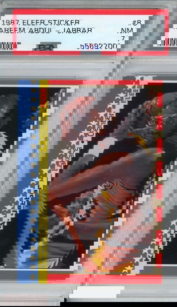 1987 FLEER STICKER KAREEM ABDUL-JABBAR #8 LOS ANGELES LAKERS HOF PSA 7 NM