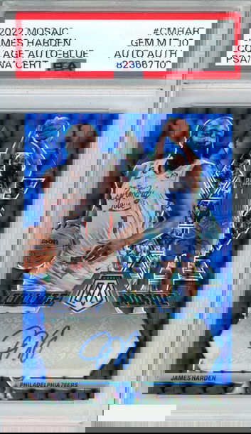 2022 PANINI MOSAIC COLLAGE AUTOGRAPHS JAMES HARDEN #CMHAR BLUE 12 OF 25 PSA 10