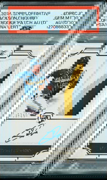 2024 Topps Definitive, Jackson Chourio, Definitive Rookie Patch Auto /50 PSA 10