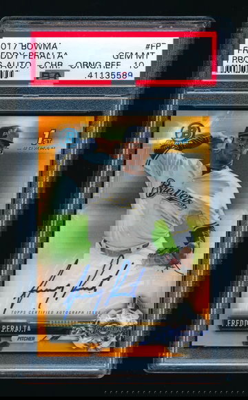 2017 Bowman Chrome Freddy Peralta Orange Refractor Auto RC /25, PSA 10 GEM MINT