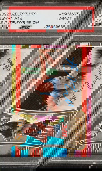 Miesha Tate 2022 Panini Select UFC Octagon Action Signatures Tie Dye Prizm #OAMST PSA 8