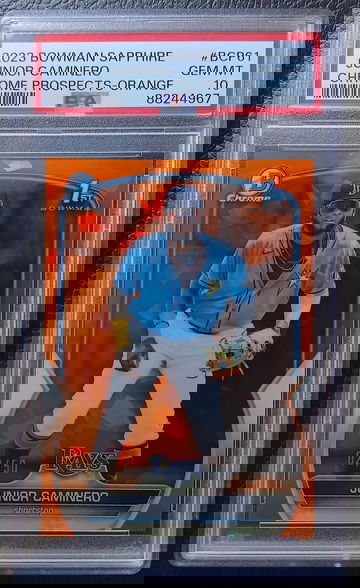 JUNIOR CAMINERO 2023 BOWMAN SAPPHIRE CHROME PROSPECTS ORANGE /50 PSA 10