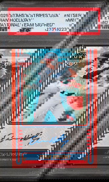 2025 Panini Stars & Stripes USA 18u National Team Signatures Red Ethan Holliday #NTSEH /99 PSA 9