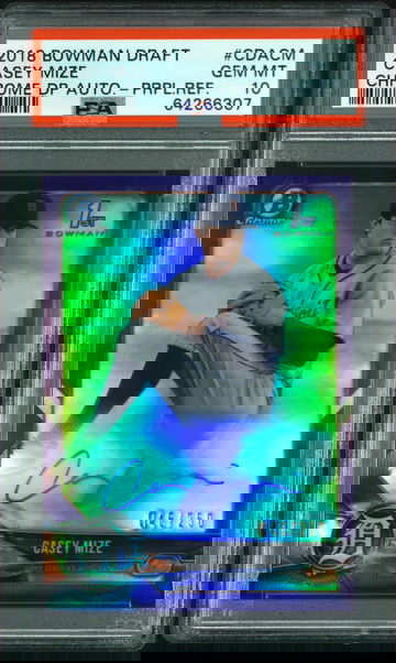 2018 BOWMAN DRAFT CHROME DRAFT PICKS AUTOGRAPHS Casey Mize #CDACM CHROME DP AUTO-PRPL.REF. PSA 10