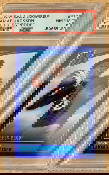 2018 Lamar Jackson 2018 Panini Donruss Blue Press Proof Rated Rookie #317 PSA 8